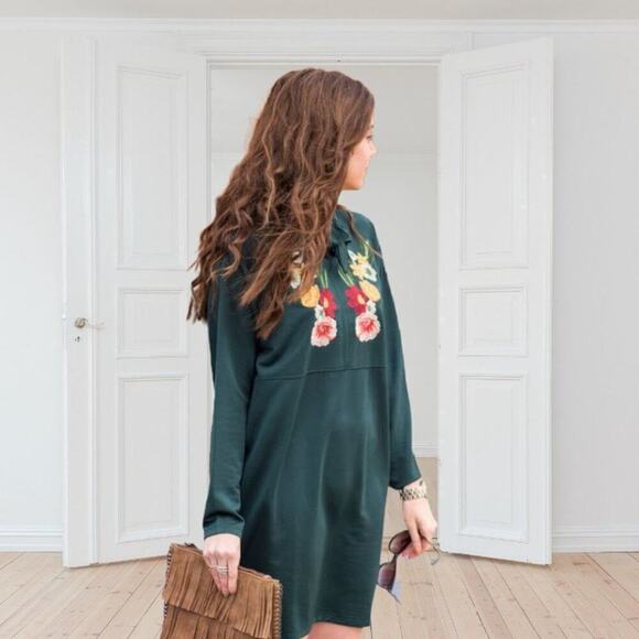 Zara Tunic Long Sleeve Empire Waist Green Floral Embroidered Ribbon Collar Size - Picture 2 of 10